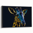 Framed black wall art featuring a side view of a giraffe in a stylized design, showcasing intricate details and vibrant colors, perfect for wildlife enthusiasts.