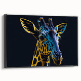 Framed black wall art featuring a side view of a giraffe in a stylized design, showcasing intricate details and vibrant colors, perfect for wildlife enthusiasts.