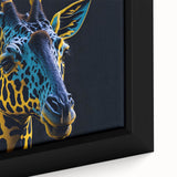 Close-up of a framed canvas wall art featuring a detailed design of a giraffe in a vibrant natural setting, showcasing its unique patterns and colors, perfect for wildlife enthusiasts.