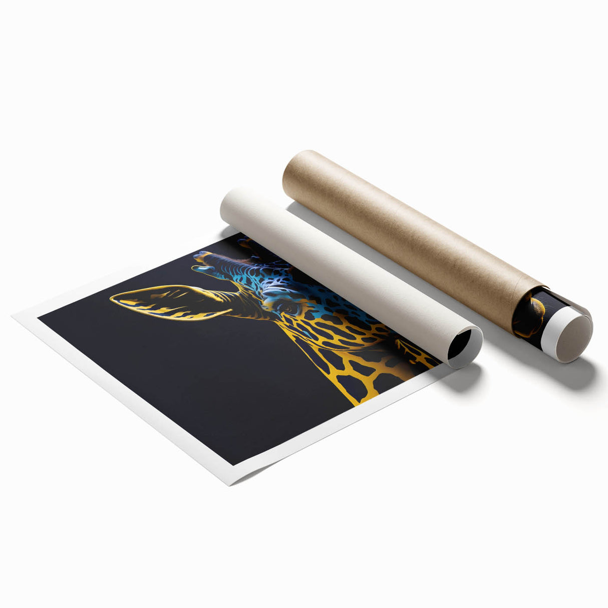 Rolled print of a vibrant giraffe design in a wild animal theme, showcasing intricate details and bright colors, ideal for home decor or wildlife enthusiasts.