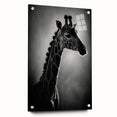 Side view of a giraffe wall art design on acrylic glass, showcasing vibrant colors and intricate details, ideal for modern wildlife decor in any space.