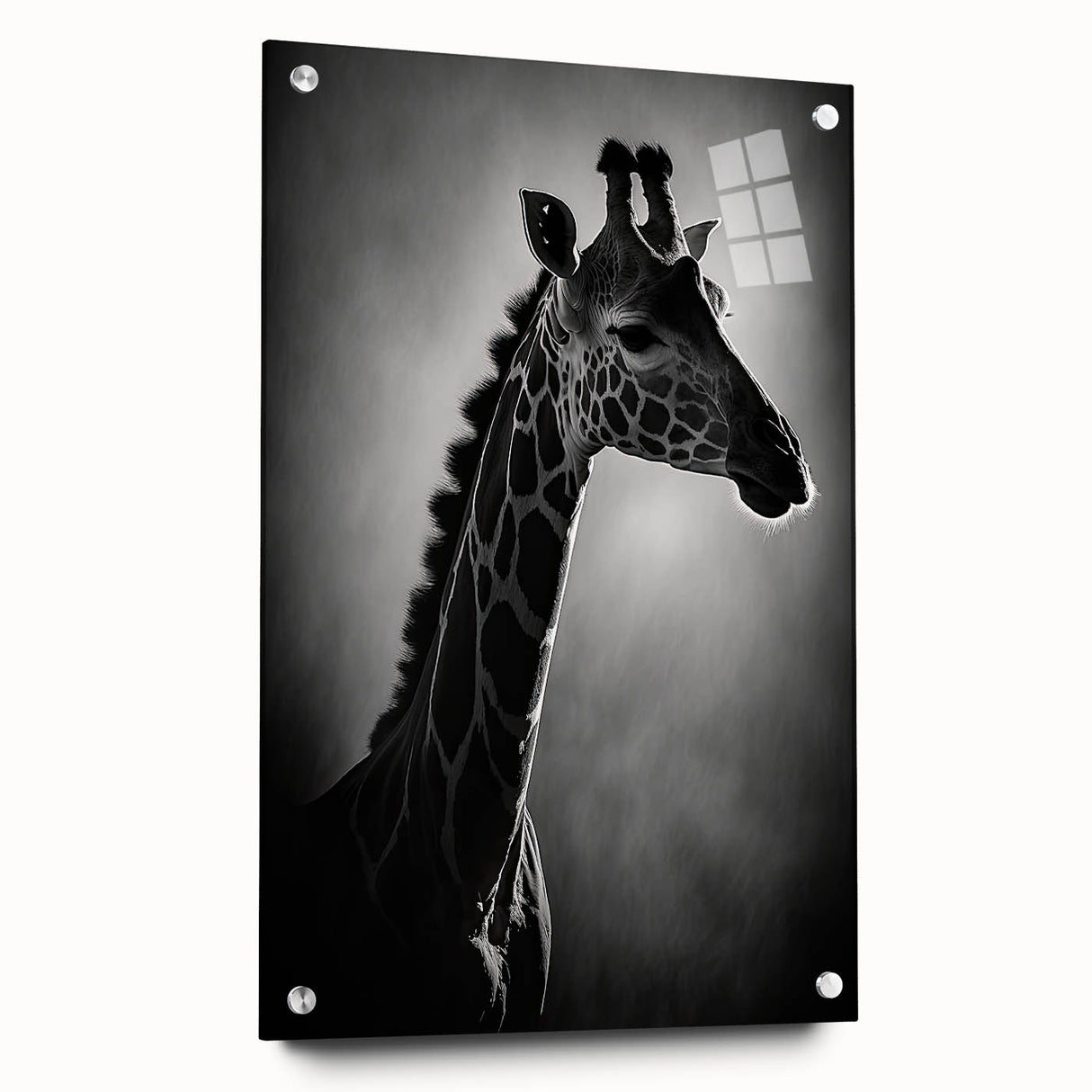 Side view of a giraffe wall art design on acrylic glass, showcasing vibrant colors and intricate details, ideal for modern wildlife decor in any space.