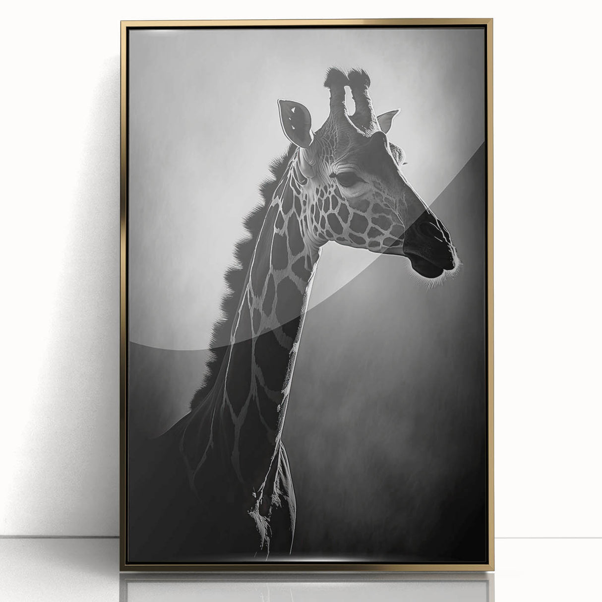 Framed acrylic wall art featuring a striking front view of a giraffe, highlighted with gold accents, perfect for enhancing modern interior decor with a touch of wildlife elegance.