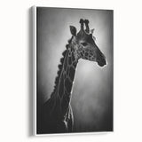 Framed canvas wall art featuring a side view of a giraffe against a white background, showcasing intricate detailing and vibrant colors, perfect for wildlife enthusiasts.