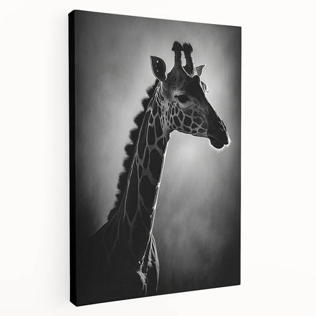 Stretched canvas wall art featuring a side view of a graceful giraffe in a vibrant African savanna setting, showcasing intricate details and warm earthy tones. Ideal for wildlife enthusiasts and home decor lovers.