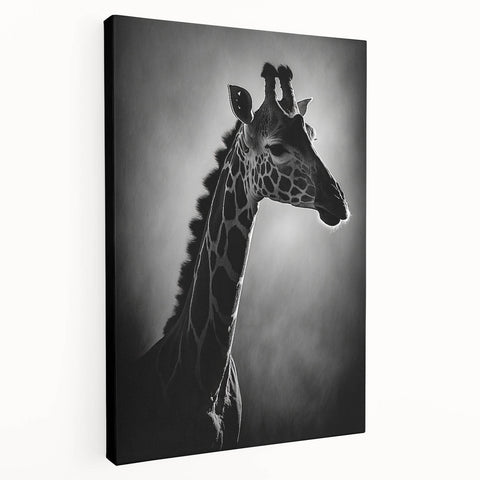 Stretched canvas wall art featuring a side view of a graceful giraffe in a vibrant African savanna setting, showcasing intricate details and warm earthy tones. Ideal for wildlife enthusiasts and home decor lovers.