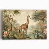 Giraffe wall art design on stretched canvas showcasing a vibrant, detailed illustration of a giraffe in a natural setting, perfect for animal lovers' decor.