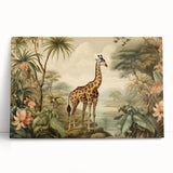 Stretched canvas wall art featuring a vibrant giraffe design, showcasing bold colors and intricate details, perfect for wildlife-themed decor in modern interiors.