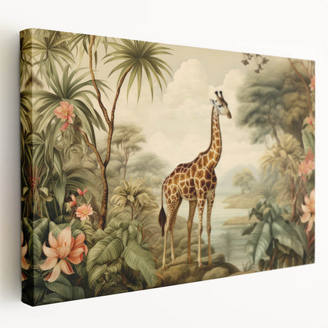 Giraffe-themed wall art on stretched canvas showcasing a colorful, abstract design. Perfect for nature enthusiasts, this vibrant piece adds a touch of wildlife elegance to any room.