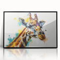 Framed wall art featuring a striking giraffe design, showcasing intricate details and vibrant colors, set against a sleek black frame, ideal for wildlife-themed decor.