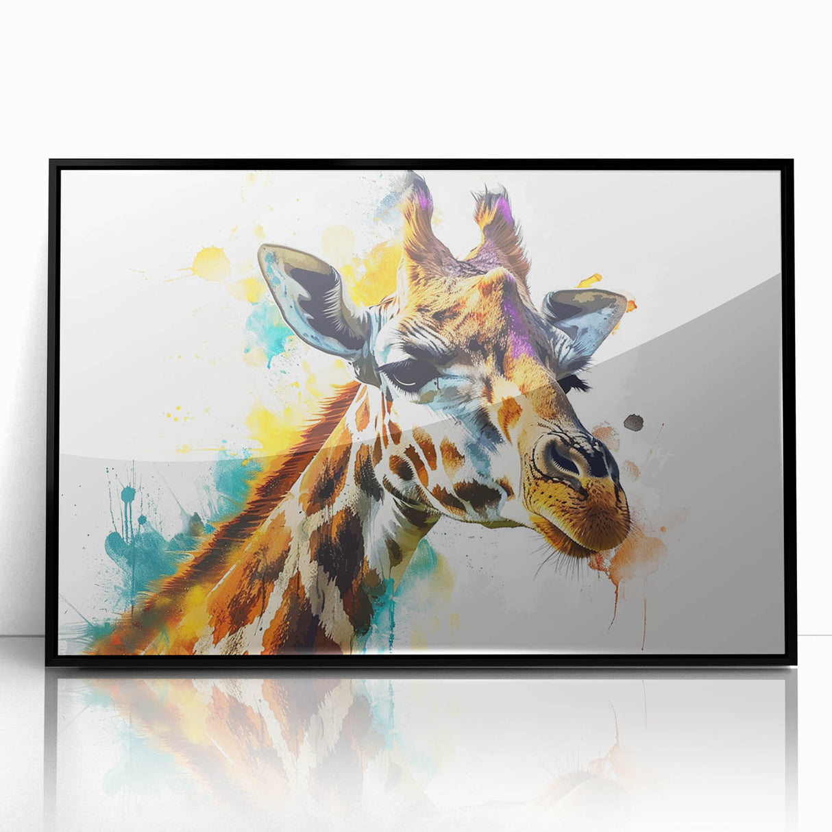 Framed wall art featuring a striking giraffe design, showcasing intricate details and vibrant colors, set against a sleek black frame, ideal for wildlife-themed decor.