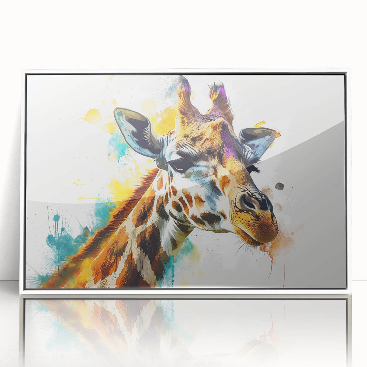 Framed wall art featuring a striking giraffe design in vibrant colors, set against a clean white background, perfect for animal lovers and modern decor enthusiasts.