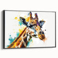 Framed canvas wall art featuring a side view of a giraffe against a black background, showcasing intricate details and vibrant colors, perfect for wildlife enthusiasts.