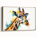 Framed canvas wall art showcasing a stunning side view of a giraffe design, featuring gold accents and intricate detailing, perfect for wildlife-themed decor.