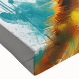 Close-up of a vibrant giraffe wall art design on stretched canvas, showcasing intricate details of the animal's unique patterns and colors, perfect for wildlife-themed decor.