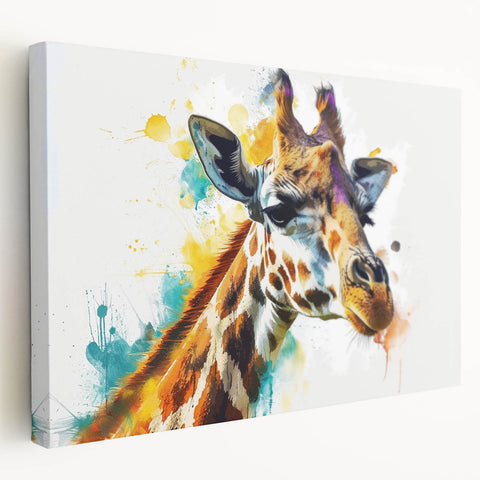 Stretched canvas wall art showcasing a side view of a giraffe in a natural setting, featuring vibrant colors and intricate details, perfect for wildlife enthusiasts.