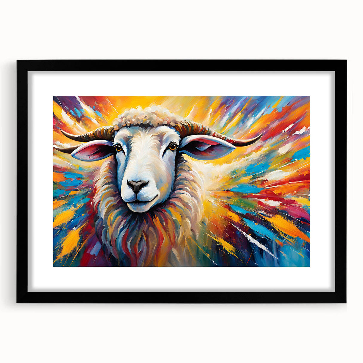 Framed wall art featuring a striking black and white goat design, set against a matte background, ideal for nature enthusiasts and home decor.