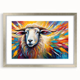 Framed wall art featuring a wild goat design, encased in a silver frame with a mat, showcasing intricate details and vibrant colors, ideal for animal lovers' decor.