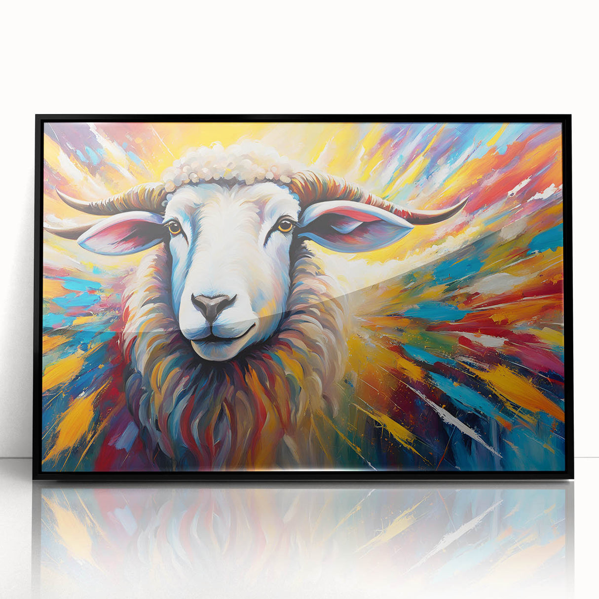 Framed wall art featuring a striking goat design in a modern black frame, showcasing intricate details and vibrant colors, perfect for enhancing any wildlife-themed decor.