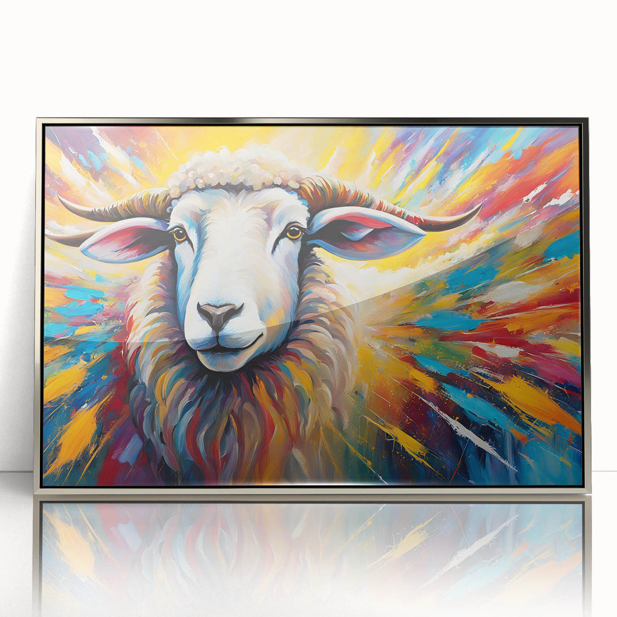 Framed wall art featuring a detailed goat design in a wild-life theme, presented in a sleek acrylic frame with a silver finish, perfect for modern decor.