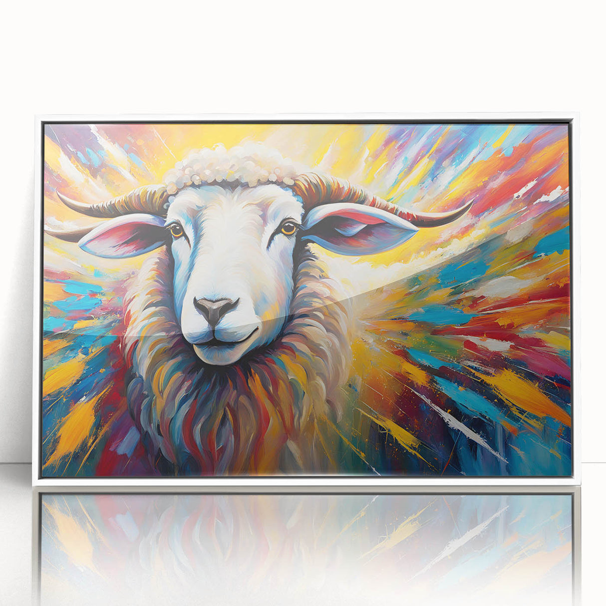 Framed acrylic wall art featuring a stylized goat design, showcasing intricate details with a vibrant color palette, ideal for animal-themed decor in modern interiors.