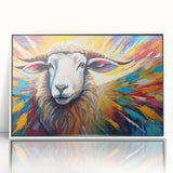 Framed acrylic wall art featuring a stylized goat design, showcasing intricate details with a vibrant color palette, ideal for animal-themed decor in modern interiors.