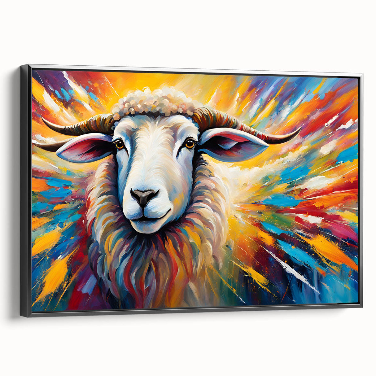 Framed wall art featuring a stylish goat design in a black frame, showcasing intricate details and vibrant colors, perfect for animal lovers and modern decor.