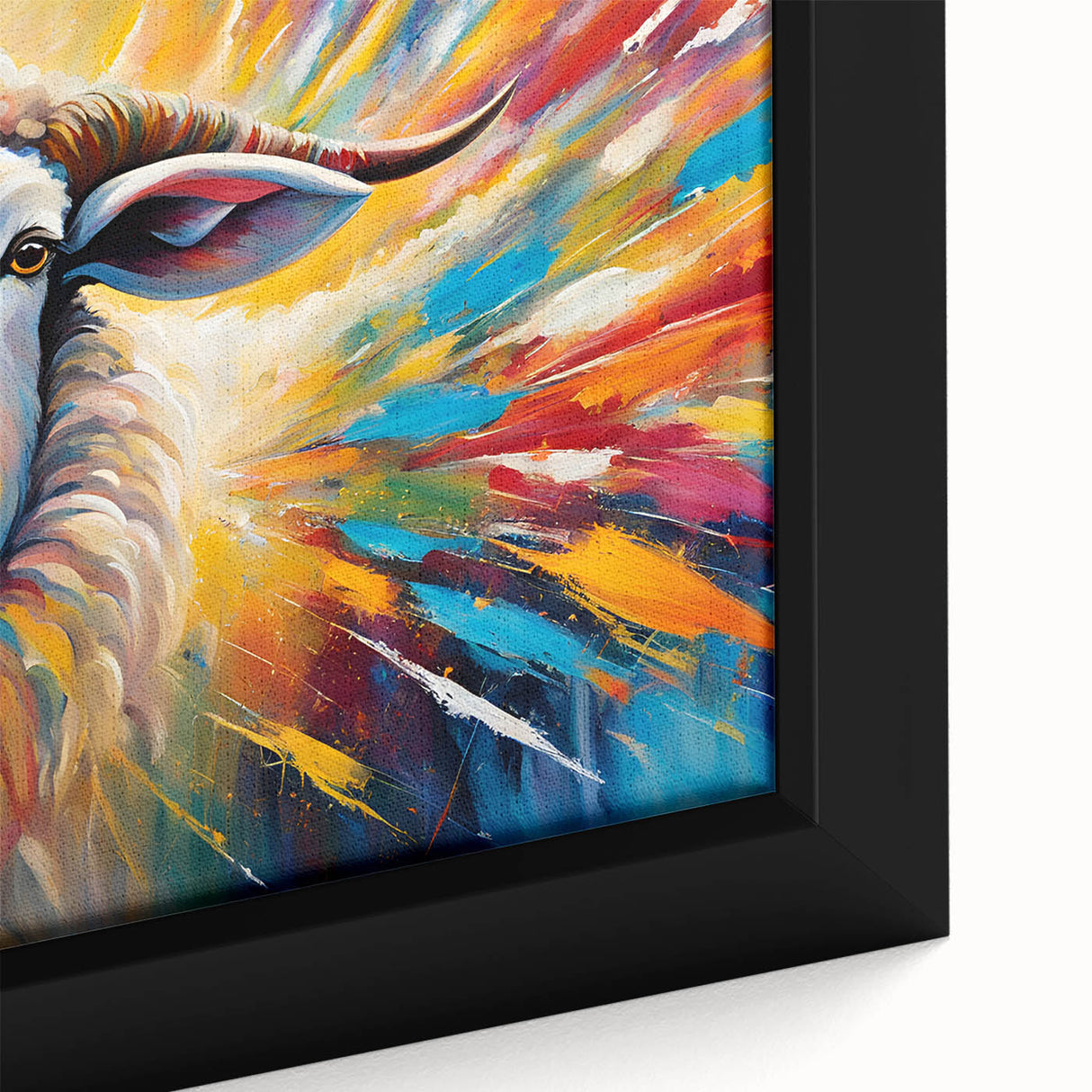 Close-up of a framed wall art piece showcasing a vibrant goat design, featuring intricate details and rich colors, perfect for animal lovers and home decor enthusiasts.