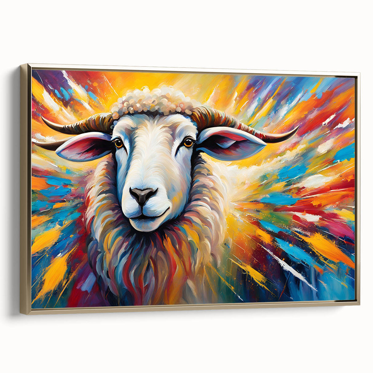 Framed wall art featuring a stylish goat design in gold tones, showcasing intricate details and textures, perfect for animal lovers and modern decor.