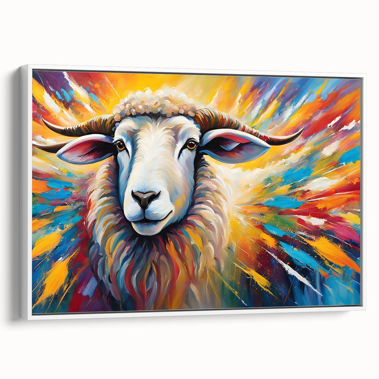 Framed wall art canvas featuring a white goat design with intricate details, perfect for animal lovers and nature-themed decor, displayed in a chic setting.
