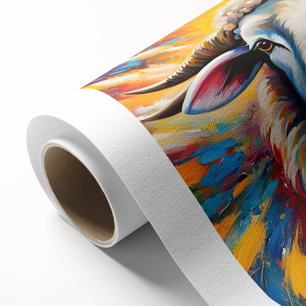 Vibrant rolled canvas wall art featuring a whimsical goat design, showcasing intricate details and bright colors, ideal for animal lovers and home decor enthusiasts.