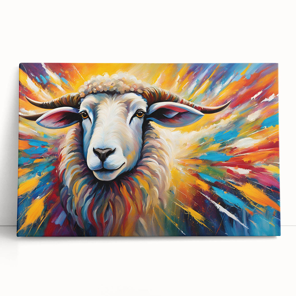 Stretched canvas wall art featuring a vibrant goat design, showcasing intricate details and earthy tones, ideal for animal lovers and home decor enthusiasts.