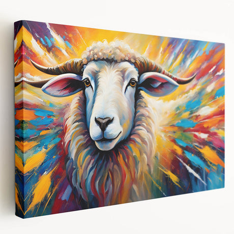 Stretched canvas wall art showcasing a vibrant goat design, featuring intricate details and a colorful background, perfect for animal lovers and home decor.