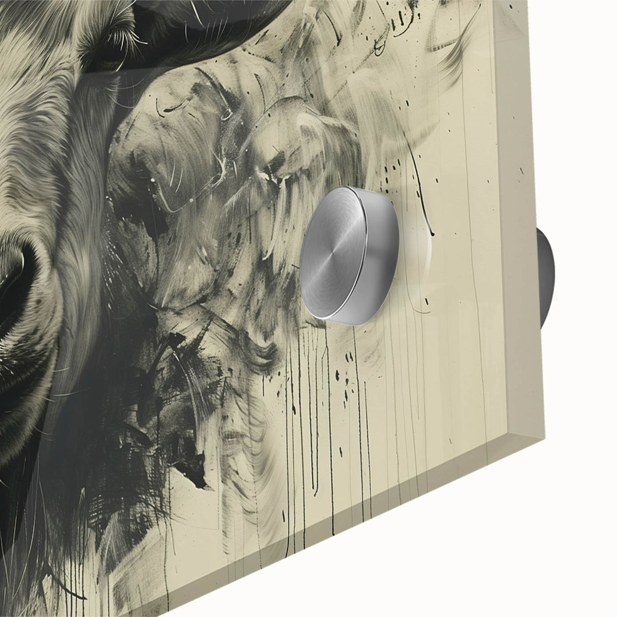 Close-up of a vibrant goat design wall art piece showcasing intricate details and rich colors, printed on acrylic glass for a modern aesthetic, perfect for wildlife enthusiasts.