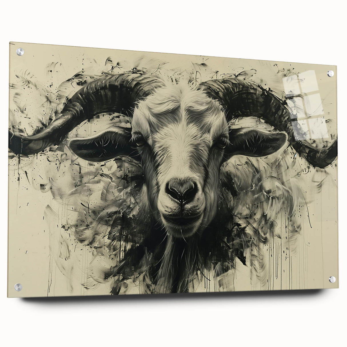 Acrylic glass wall art showcasing a detailed side view of a wild goat design, featuring vibrant colors and textures, ideal for animal lovers and decor enthusiasts.