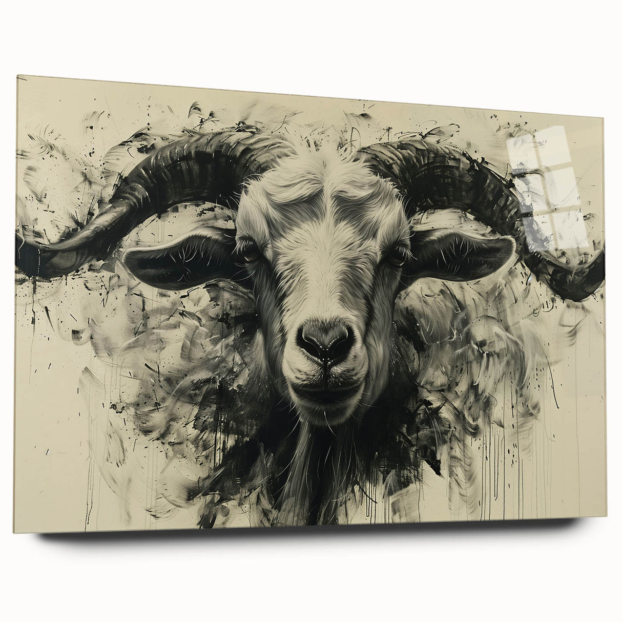 Acrylic wall art featuring a stylized goat design from the "Animals: A Wild Life" collection, showcasing vibrant colors and intricate details in a side view format. Perfect for adding a unique touch to home decor.