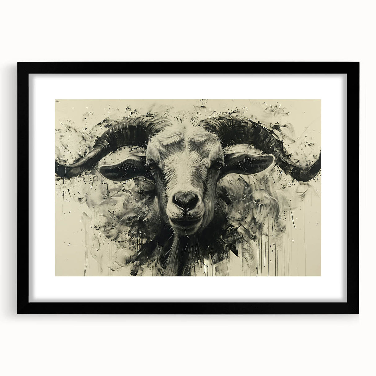 Framed wall art featuring a stylish goat design in a black frame with a white mat, perfect for elevating home decor and showcasing wildlife artistry.