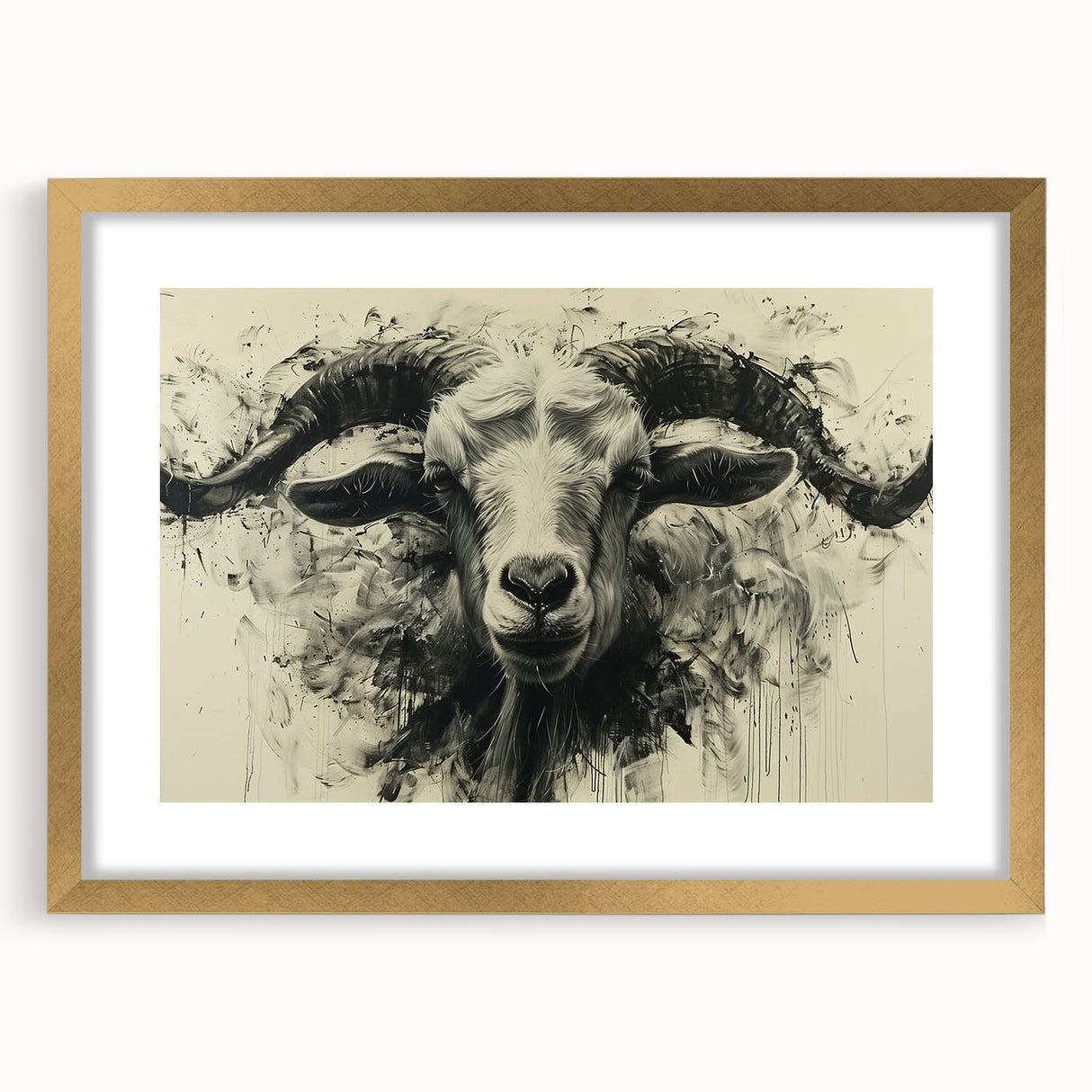 Golden-framed wall art featuring a stylized goat design in a wild-life theme, perfect for animal lovers and home decor enthusiasts. The artwork showcases intricate details and vibrant colors, ideal for adding a unique touch to living spaces.