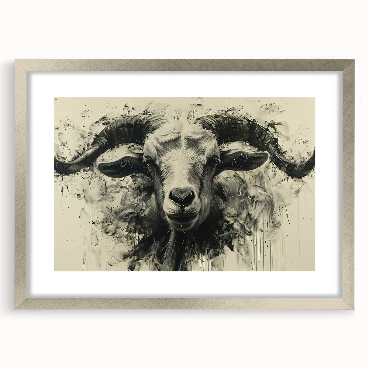 Framed wall art featuring a detailed goat design in silver, set against a clean white mat, perfect for adding a touch of wildlife elegance to any room decor.