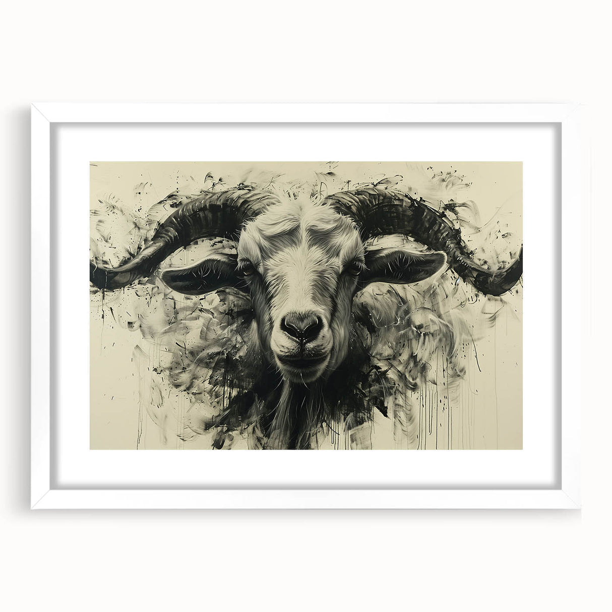 Framed wall art featuring a stylish goat design from the "Animals A Wild Life" collection, with a white mat and sleek frame, ideal for modern decor.