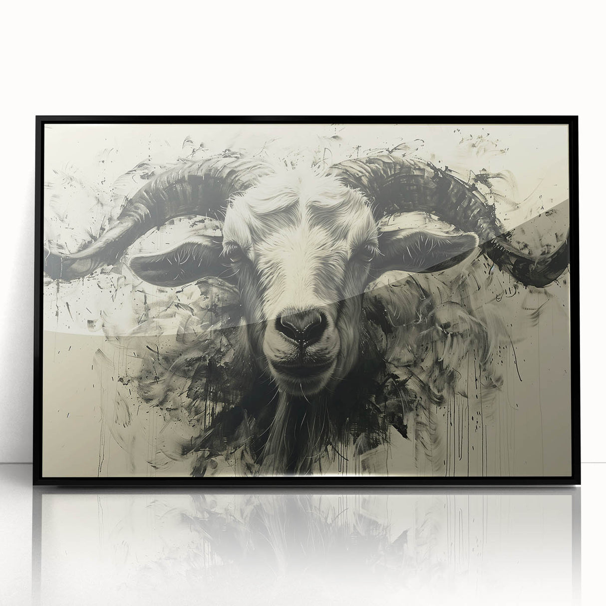 Framed wall art featuring a striking goat design, crafted with acrylic and a sleek black frame, perfect for animal lovers and modern decor enthusiasts.