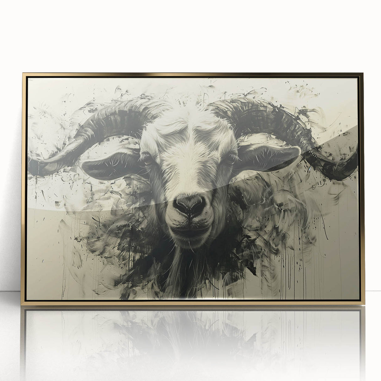 Framed wall art featuring a striking goat design with intricate details and a gold-acrylic finish, perfect for enhancing modern home decor.