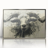 Framed wall art featuring a wild goat design on an acrylic surface, showcasing intricate details in silver tones, ideal for wildlife enthusiasts and home decor.