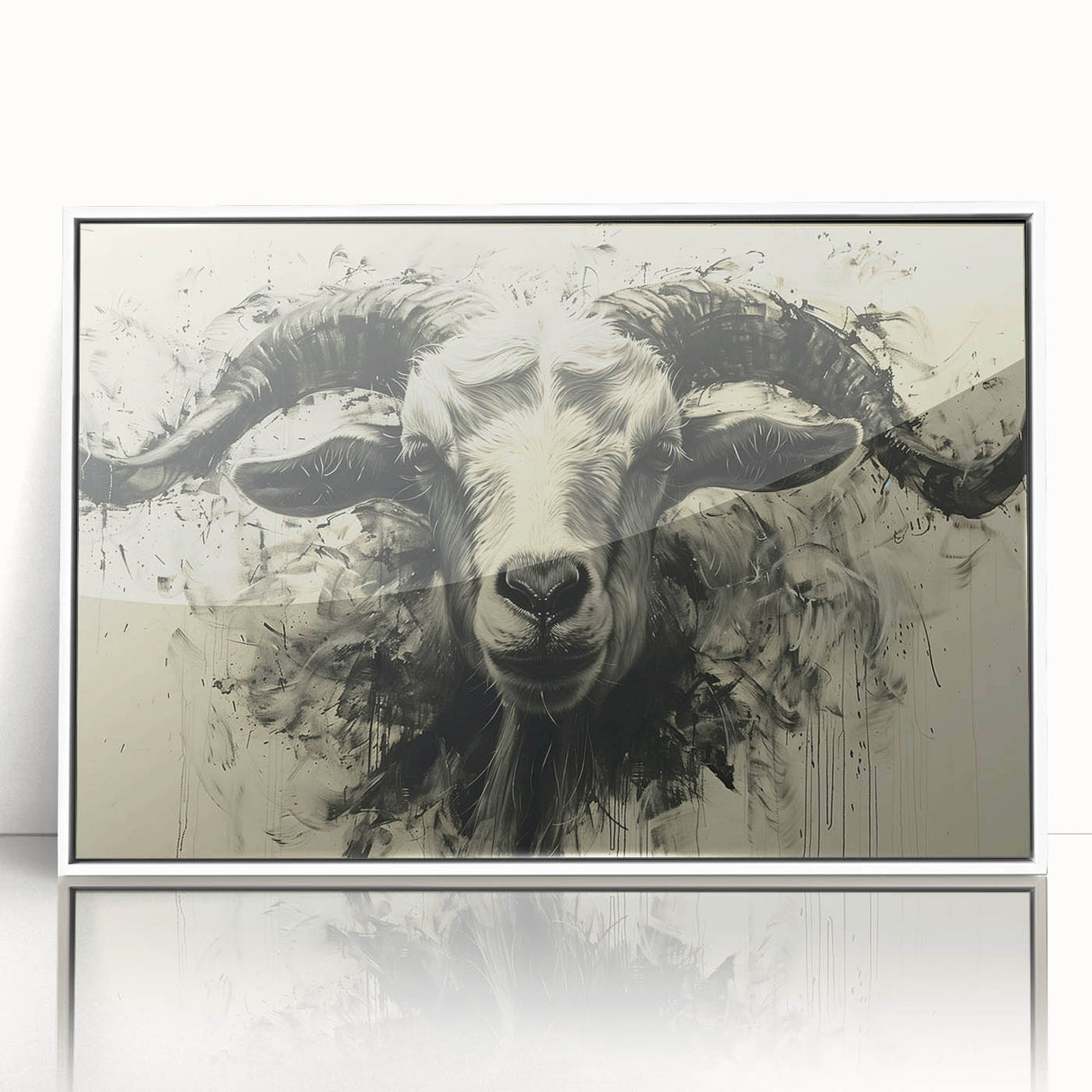 Framed acrylic wall art showcasing a wild goat design, featuring a white border and vibrant colors, perfect for animal lovers and nature-themed decor.