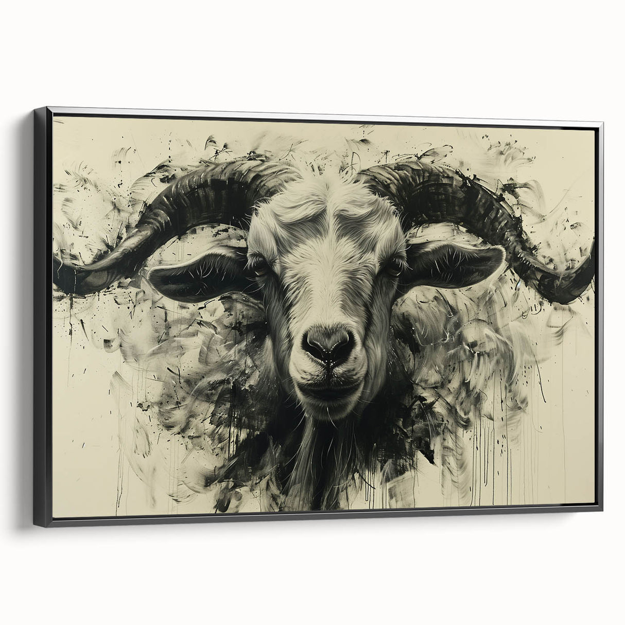 Framed wall art featuring a wild goat design on textured canvas, displayed from a black side view, ideal for nature-themed decor or animal lovers.