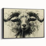 Framed wall art featuring a wild goat design on textured canvas, displayed from a black side view, ideal for nature-themed decor or animal lovers.