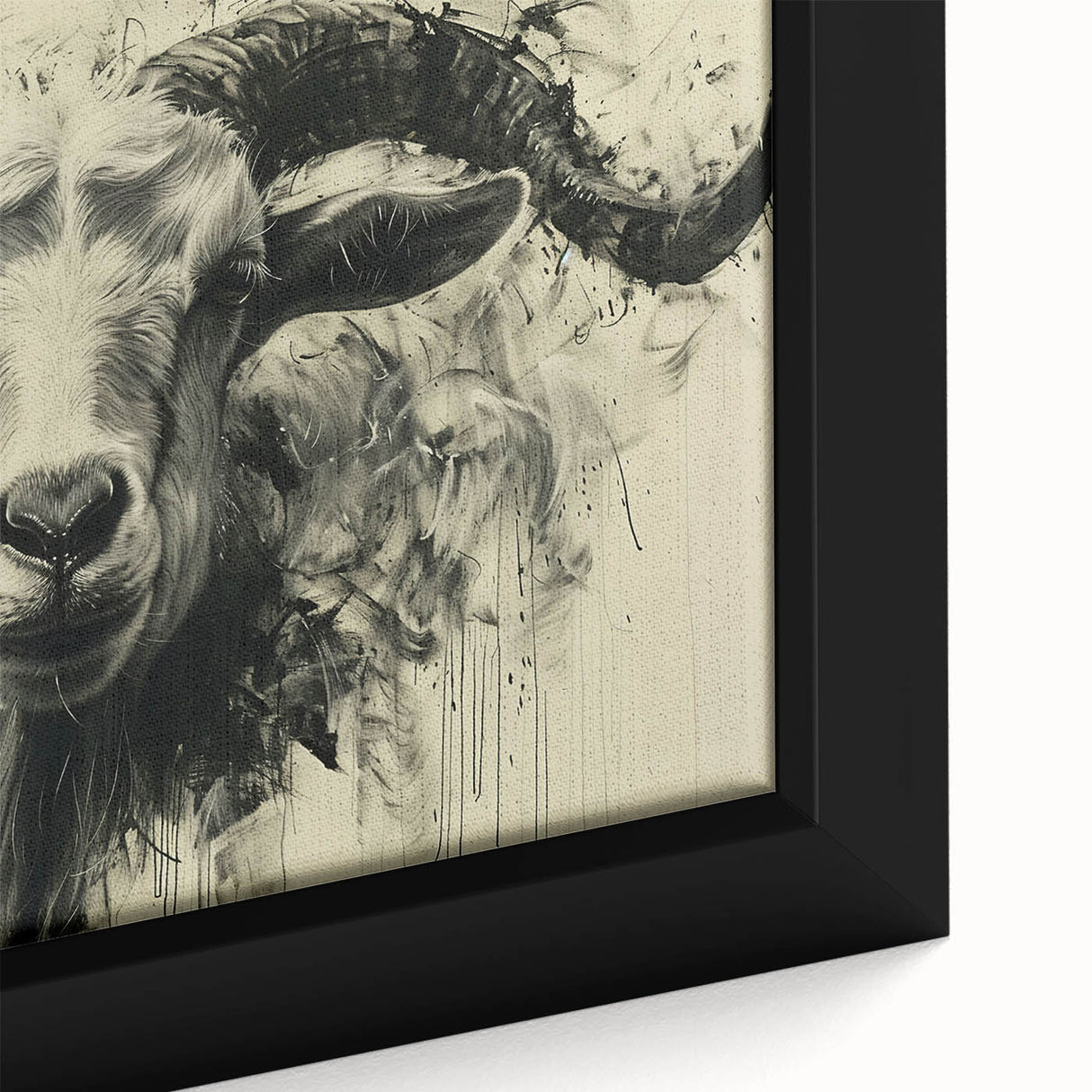 Close-up of a framed canvas wall art featuring a vibrant goat design with intricate details, perfect for animal lovers and home decor enthusiasts. The artwork showcases rich colors and a modern aesthetic, enhancing any room's ambiance.