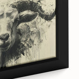 Close-up of a framed canvas wall art featuring a vibrant goat design with intricate details, perfect for animal lovers and home decor enthusiasts. The artwork showcases rich colors and a modern aesthetic, enhancing any room's ambiance.