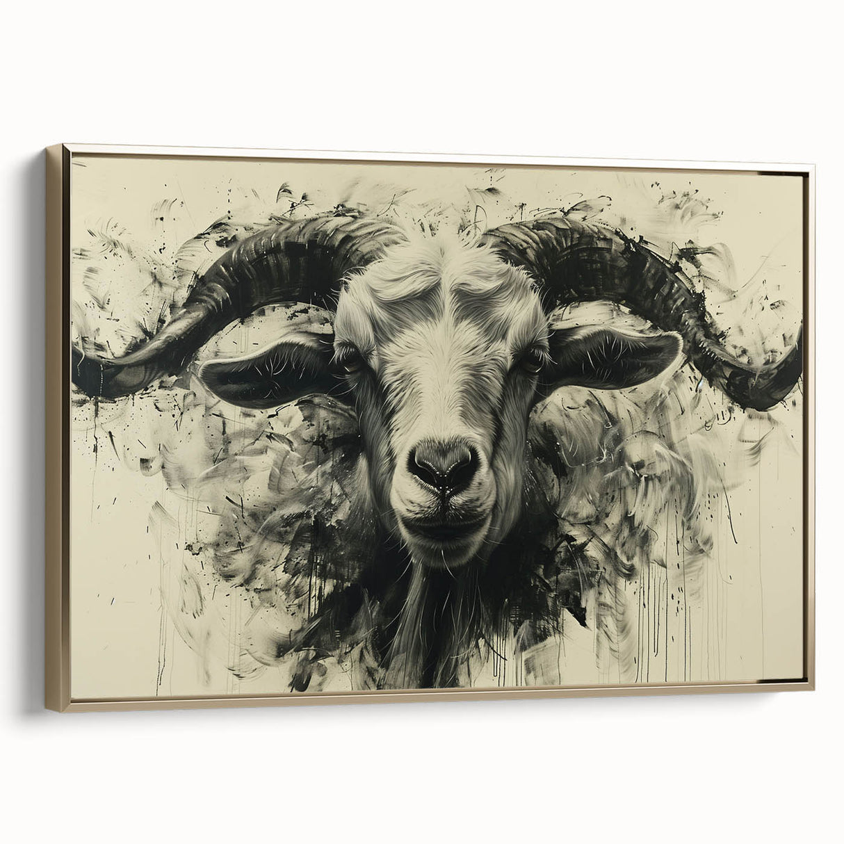 Framed wall art featuring a stylish goat design, showcasing intricate details and a gold frame, perfect for animal lovers and modern decor enthusiasts.