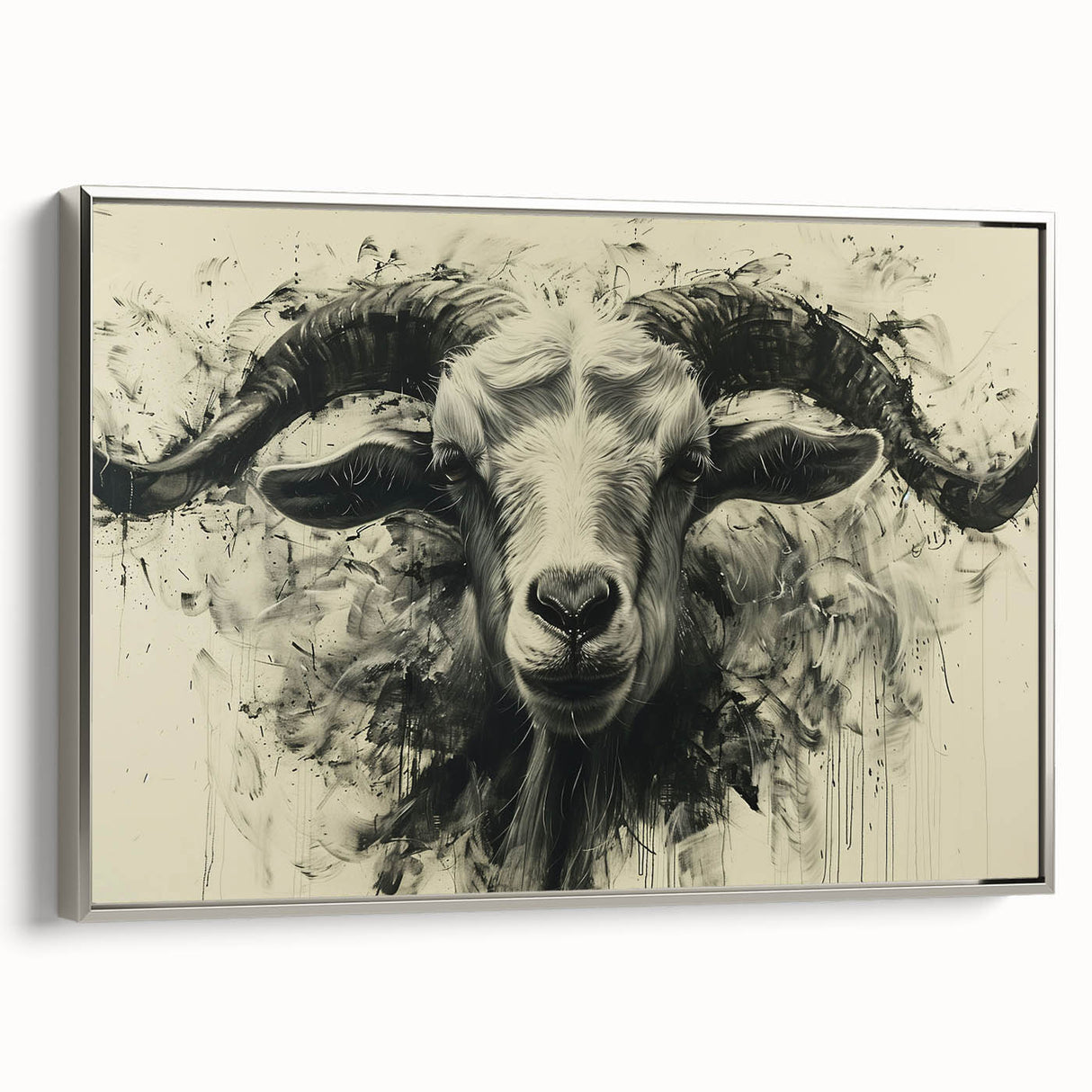 Framed wall art featuring a stylish goat design in silver tones, showcasing detailed textures and vibrant colors, perfect for modern interior decor.